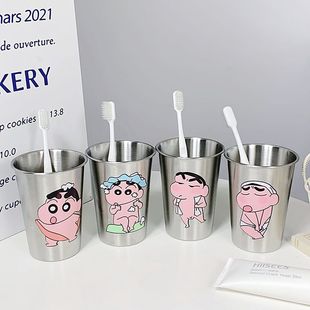 洗漱创意 可爱卡通小新不锈钢304儿童高颜值漱口杯家用简约情侣款