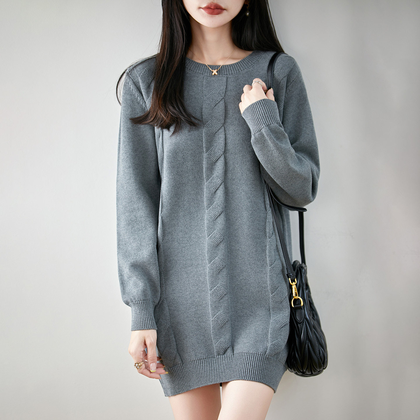 慵懒风麻花100%纯棉圆领中长款毛衣女宽松显瘦针织打底裙秋冬新款