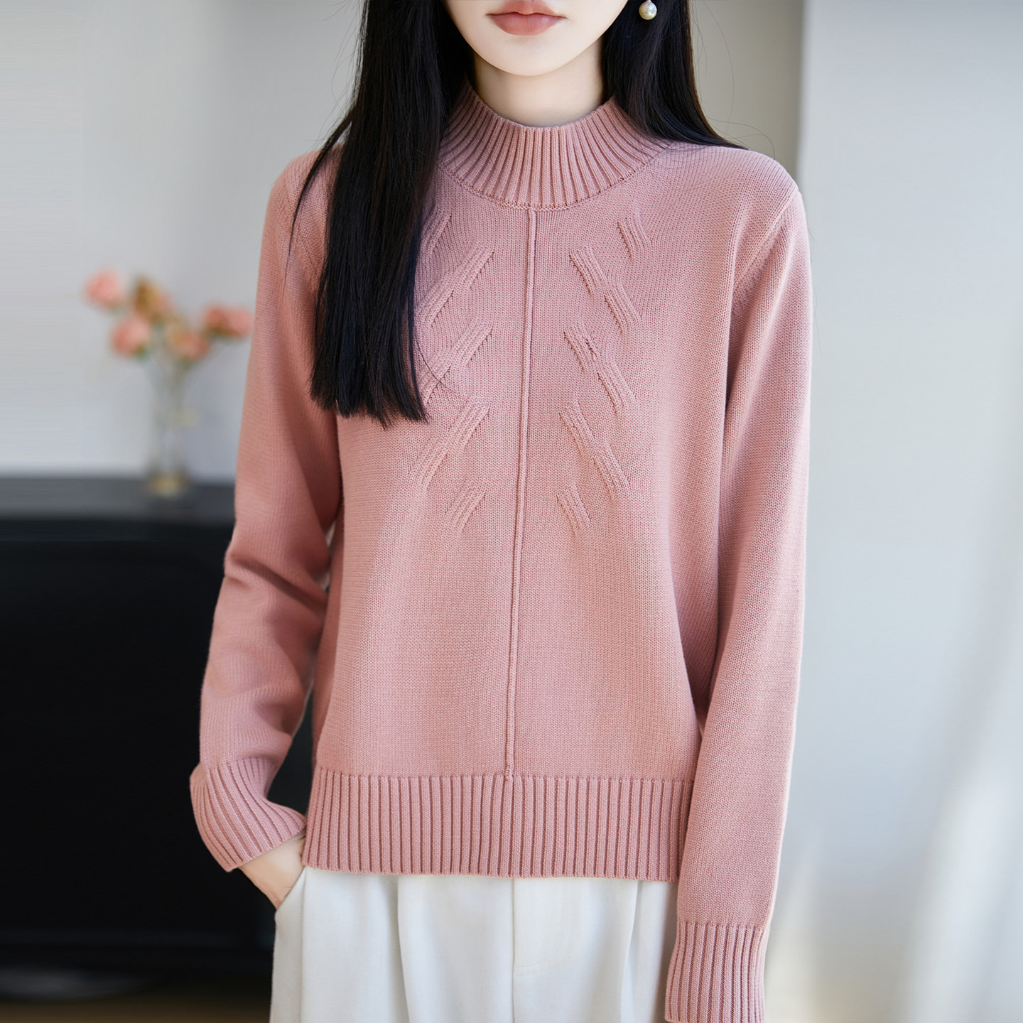 减龄显瘦100%纯棉半高领毛衣女秋冬加厚保暖宽松提花针织衫打底衫