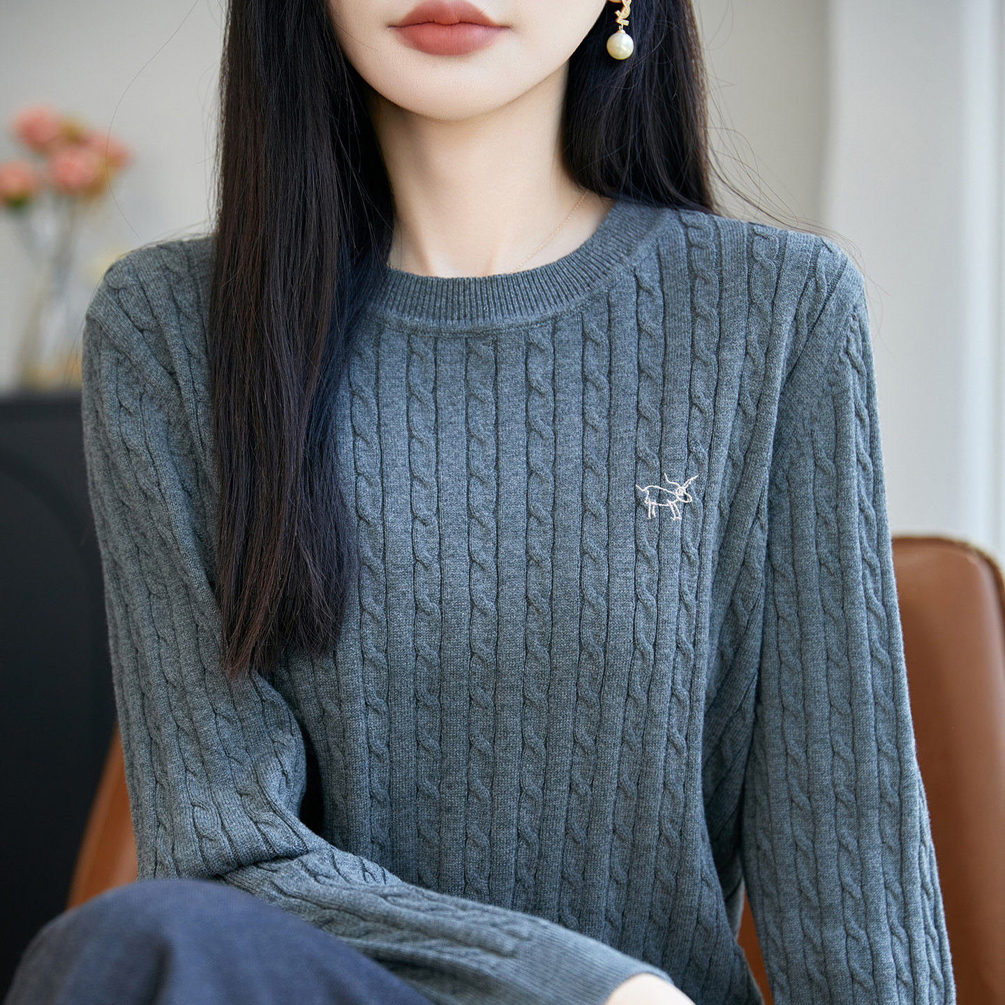 高品质提花麻花100%纯棉圆领毛衣女秋冬时尚洋气显瘦针织打底衫女