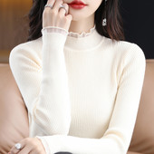 显瘦针织打底衫 内搭修身 女 气质花边半高领毛衣女秋冬紧身新款 时尚