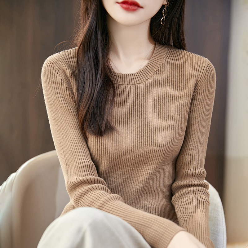百搭100%纯棉圆领毛衣女秋冬