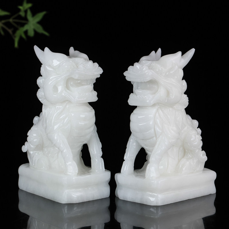 天然白玉麒麟摆件招财玉石麒麟一对客厅玄关博古架家居风水装饰