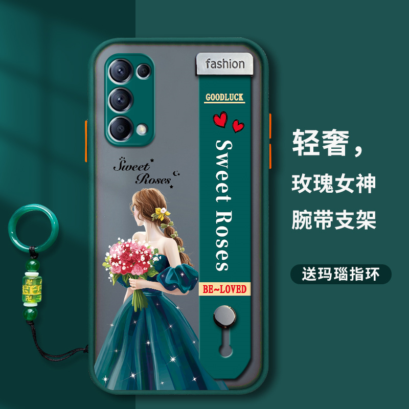 适用opporeno5手机壳reno5pro腕带新款女款曲面屏0pp0reno5pro十全包防摔保护套5k手机套硅胶磨砂带挂绳支架 3C数码配件 手机保护套/壳 原图主图