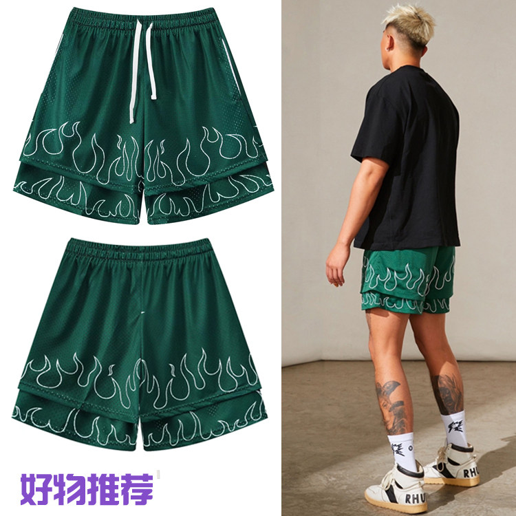 美式篮球裤双层不过膝四分裤大网眼假两条短裤速干训练裤男女潮裤