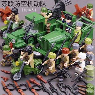一战二战苏联军用反坦克炮牵引战车人仔模型小颗粒积木玩具