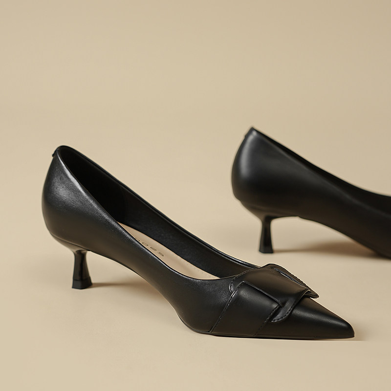 矮低跟黑色高跟鞋女春秋细跟不累脚配裙子职业工作通勤软皮单鞋