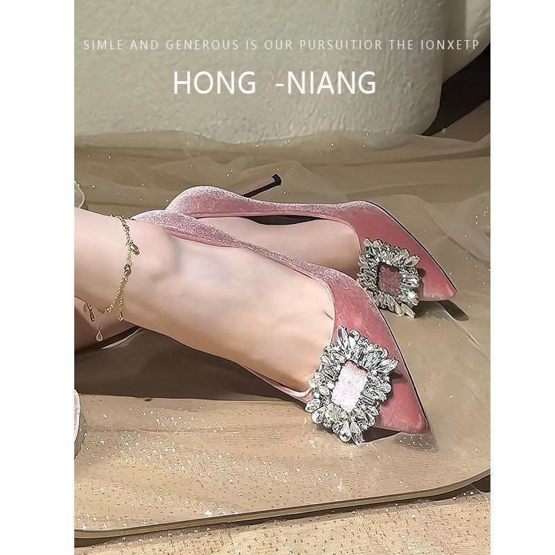 粉色高跟鞋法式千金风不累脚单鞋2026秋冬新款绒面礼服鞋日常可穿