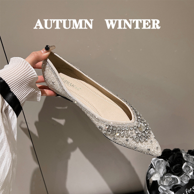 2025新款秋冬鞋子尖头气质瓢鞋晚风水钻婚鞋浅口平底鞋一脚蹬单鞋