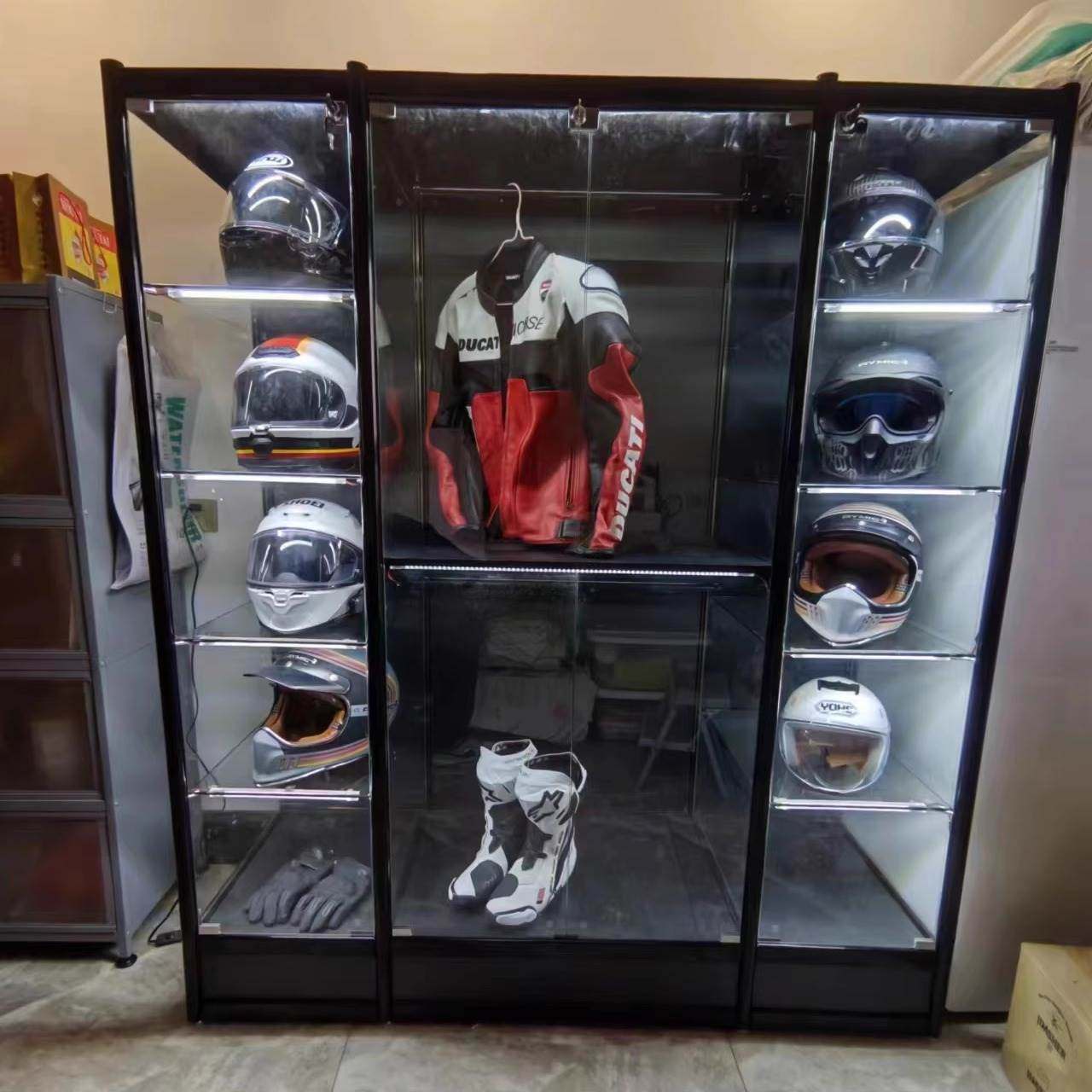 摩托车头盔展示架子骑行服陈列装备机车家用定制护具置物收纳柜