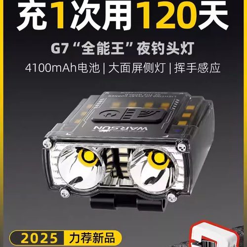 沃尔森夜钓头灯G7猫头鹰强光超亮充电超长续航感应钓鱼头戴帽夹灯