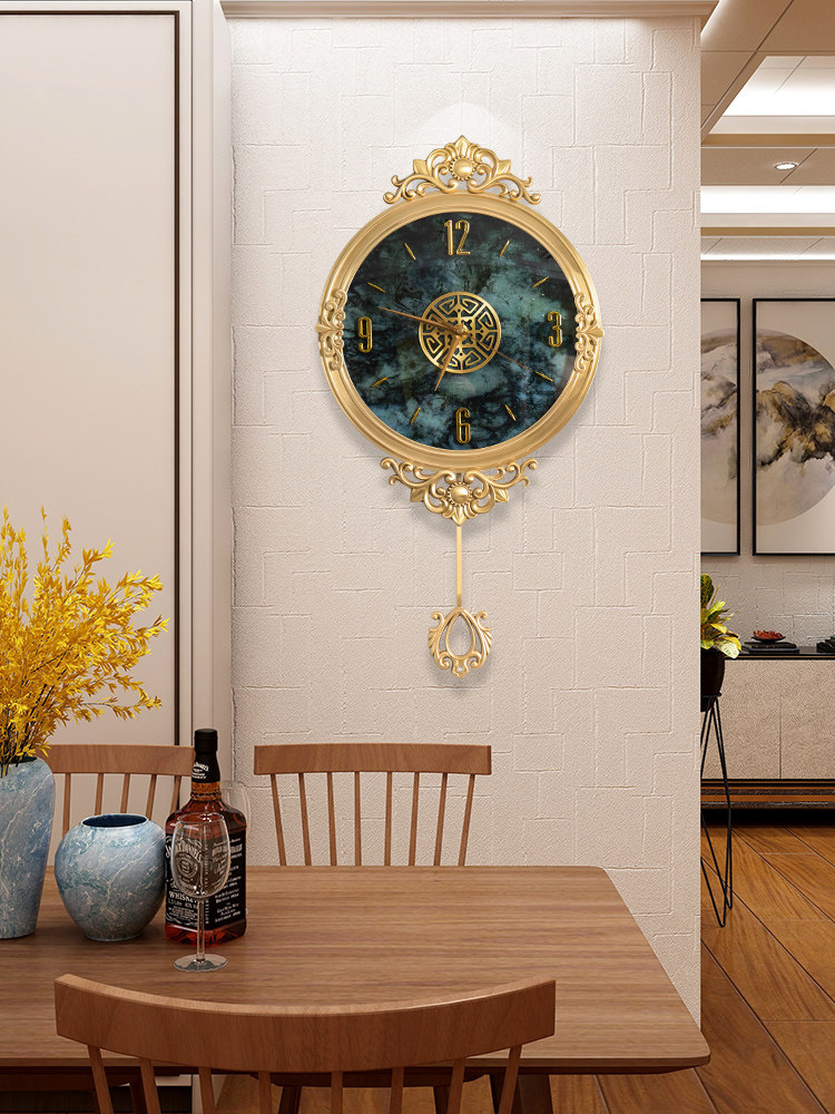 Pure copper light luxury watch wall clock Living room household fashion atmosphere European style clock Living room hanging watch New Chinese style quartz clock