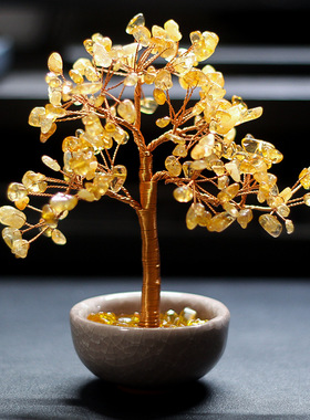 爆款聚宝盆茶盏底座黄水晶树发财树摆件家居办公室装饰手工艺品