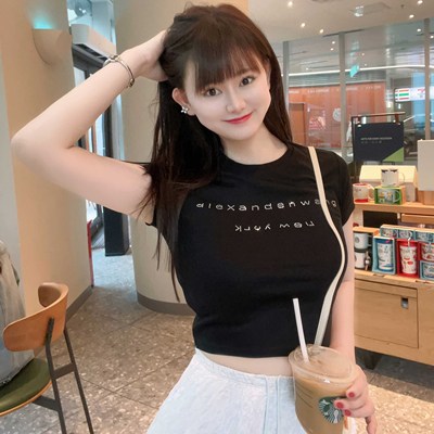 短袖休闲薄字母钻棉女修身