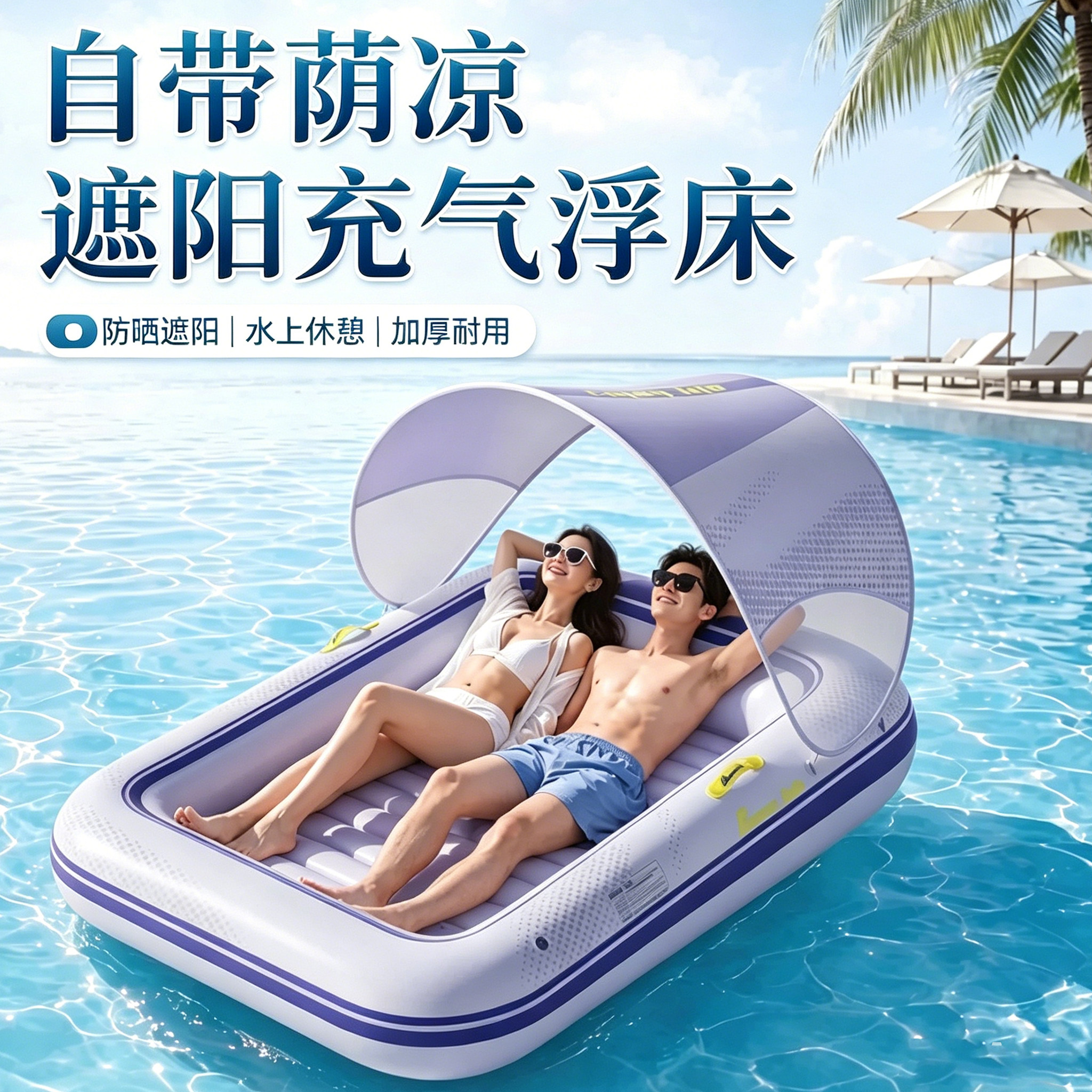 成人儿童遮阳充气游泳浮床躺椅图片