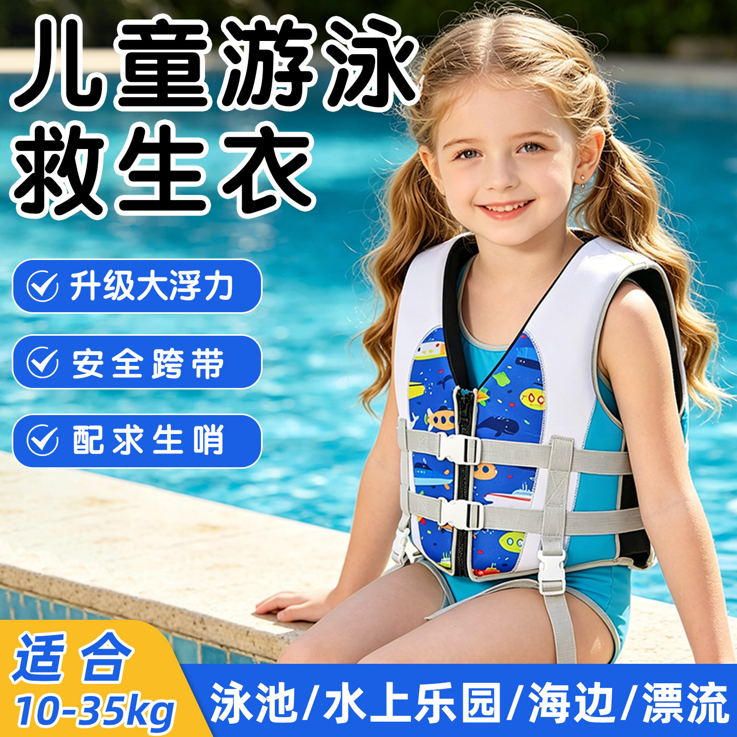 儿童救生衣专业大浮力小孩学游泳浮力衣背心马甲男女童带口哨跨带