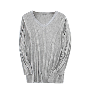 莫代尔长袖T恤男V领加肥加大春秋季薄款宽松上衣大码内衣打底汗衫