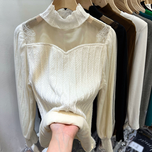 2025洋气百搭遮肚子立1219e 女秋冬新款 长袖 加绒加厚蕾丝打底衬衫