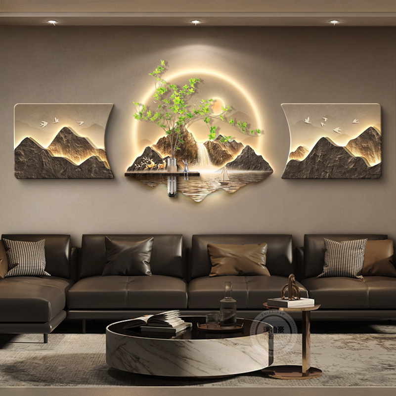 背有靠山轻奢客厅背景墙装饰画水培绿植沙发墙后面挂画高级感壁灯