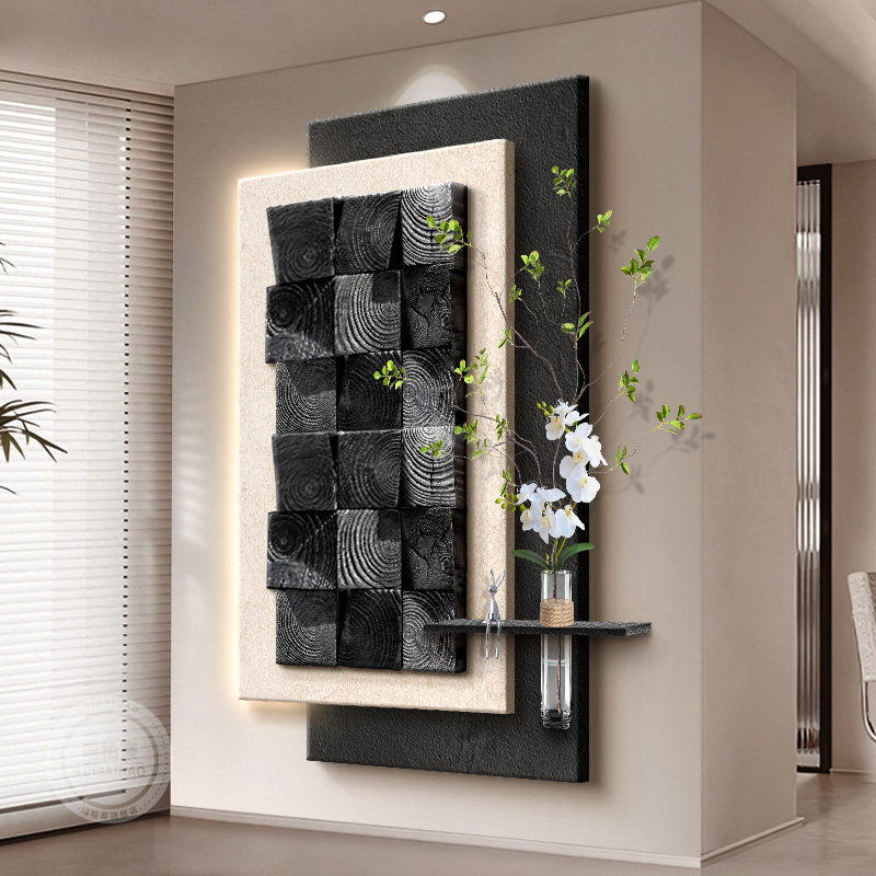 3d立体实木玄关装饰画意式极简客厅走廊过道挂画大白墙高级感壁灯