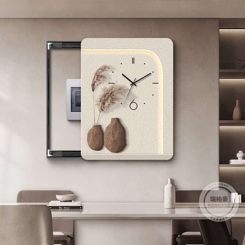 侘寂风电表箱装饰画竖版钟表推拉式配电箱遮挡电闸盒开关餐厅挂画