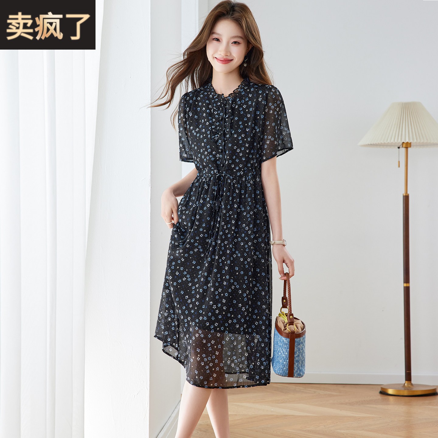黑色碎花雪纺连衣裙女夏季短袖系带收腰显瘦高级感轻奢中长款裙子
