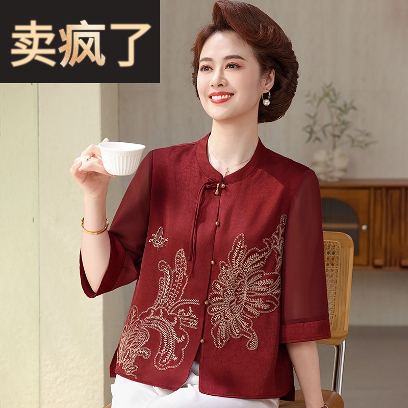 洋派妈妈夏装红色国风衬衫2026新款中老年女士雪纺五分袖衬衫母亲