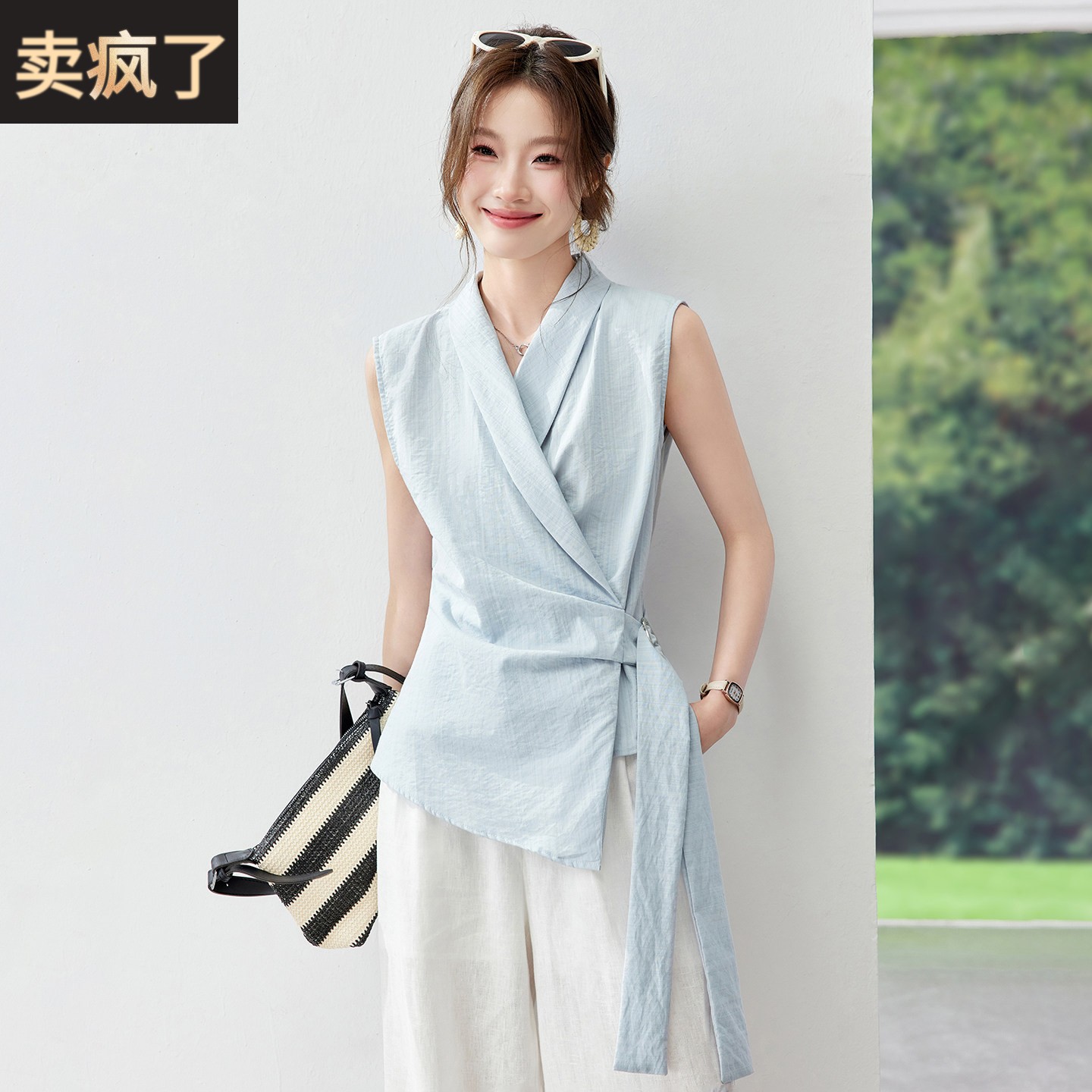 V领不规则系带收腰无袖衬衫女夏季高端休闲衬衣棉质超火漂亮上衣