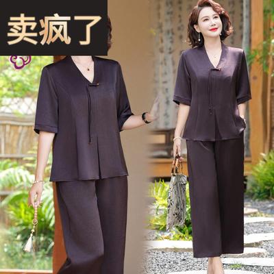 高贵妈妈夏季真丝香云纱套装女夏装中老年人桑蚕丝上衣裤子两件套