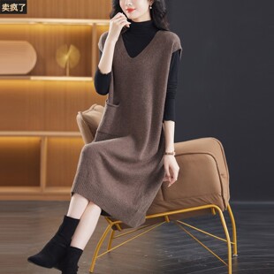 春秋针织无袖 马甲直筒裙v领毛衣连衣裙秋冬坎肩长裙过膝马夹长款