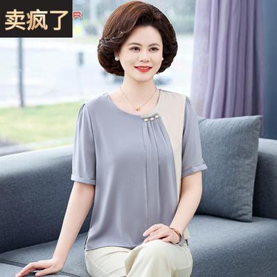 2025新款中年妈妈夏装短袖T恤洋气中老年女时尚雪纺小衫两件套装