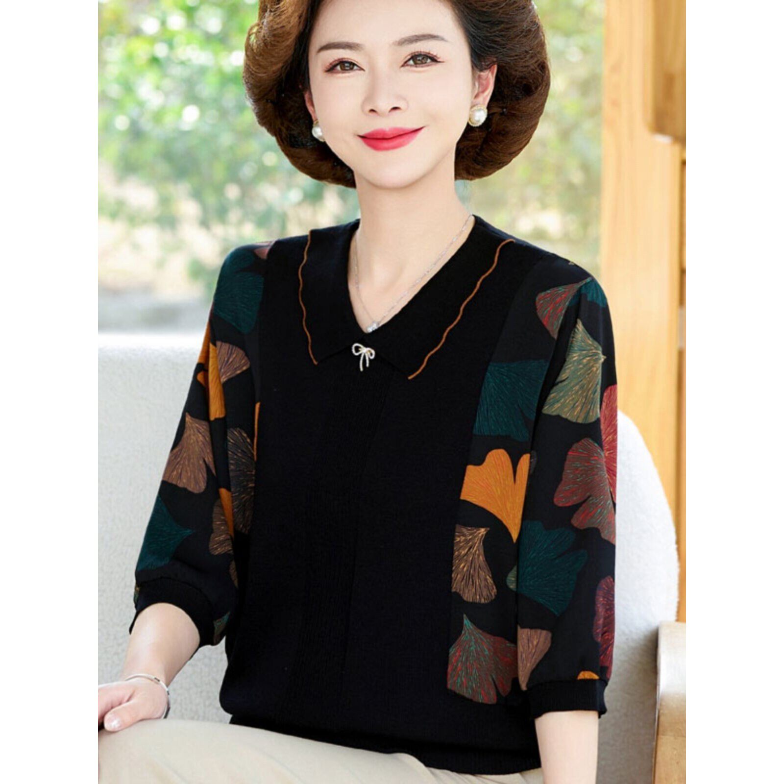 女装春秋季翻领针织半袖t恤时尚宽女士休闲外穿底裤衬衫婆婆服