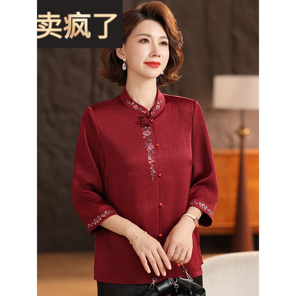 婚礼妈妈夏装绣花衬衫2025新款中老年女士宴会衬衣喜婆婆奶奶上衣