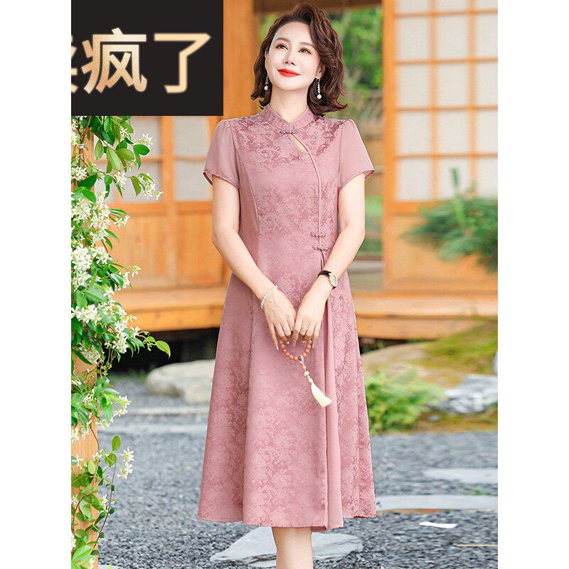 中年母亲夏季短袖宽松连衣裙旗袍新时尚洋风中老年妇女服装