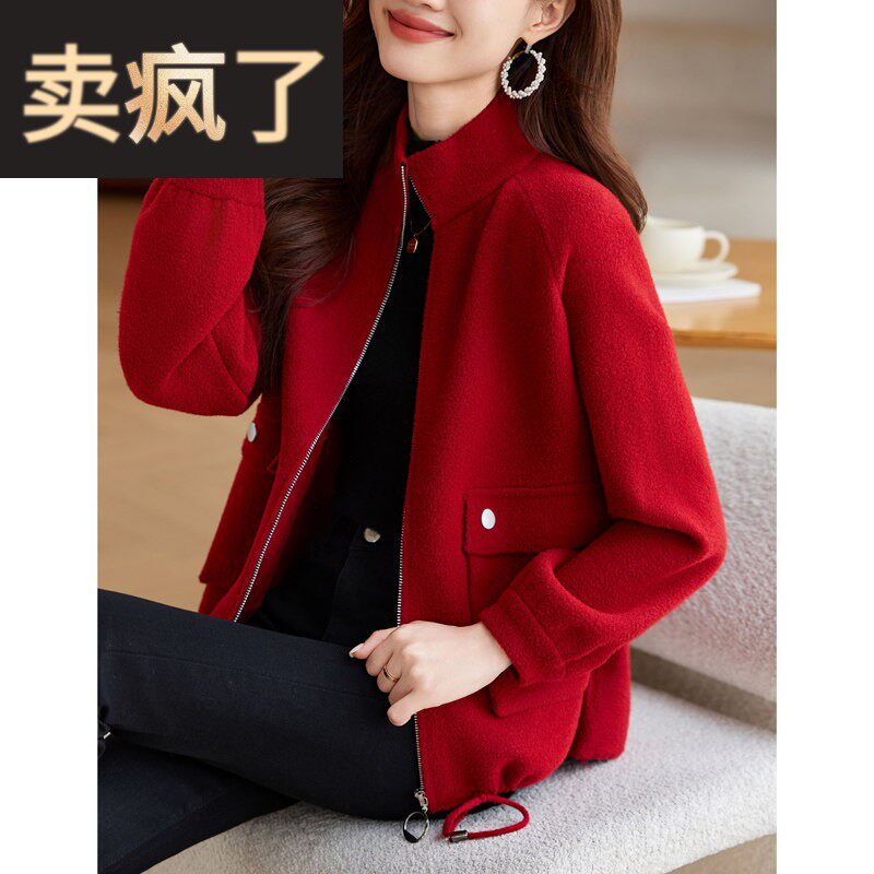 2025新款春秋季本命年红色女装时尚外套爆款洋派拉炼毛呢减龄上衣