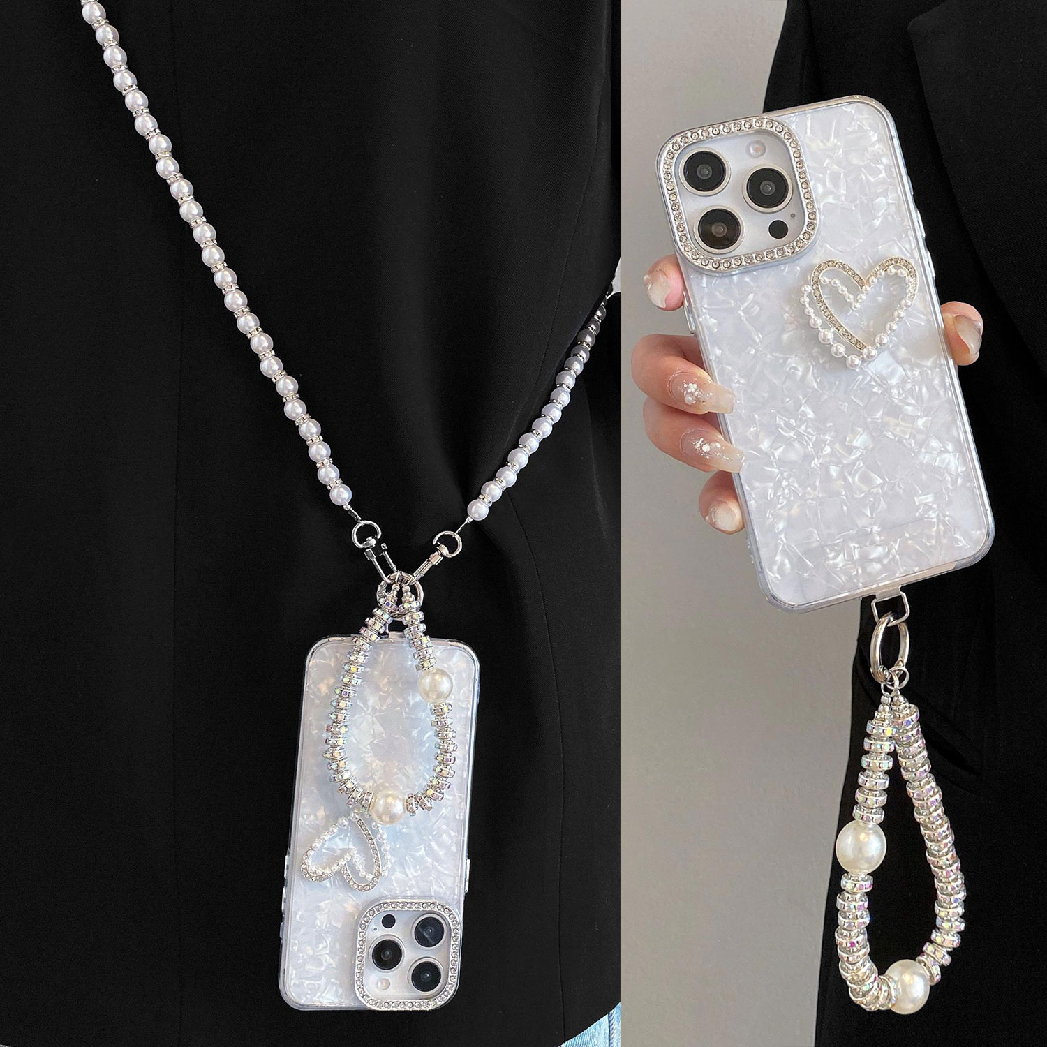 珍珠爱心贝壳纹适用苹果17手机壳16promax斜挎背带挂链15pro镶钻镜头14水钻手提链iPhone13防摔12/11软xsmax
