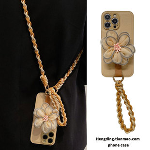 秋季新款卡其纱花支架适用vivoX300手机壳X200手提绳x100s20时尚s19pro编织x90x80x70斜挎s18s17s16s15女防摔