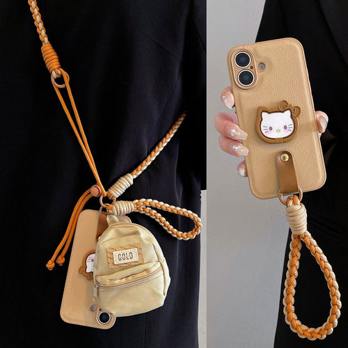 卡其皮纹kitty猫支架适用iPhone17promax手机壳苹果16pro零钱包15手拎绳14pro可调节背带13斜挎12防摔plus女
