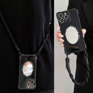 质感黑镜子支架适用苹果17手机壳iPhone16promax四角可挂15pro可背斜挎14防摔13手拎绳xsmax补妆12软11女x/7p