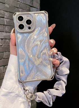 四角可斜挂羽纱冰川纹适用iPhone17promax手机壳16pro丝巾手带15手拎苹果13高级14pro背带12斜挎11防摔x女7/8