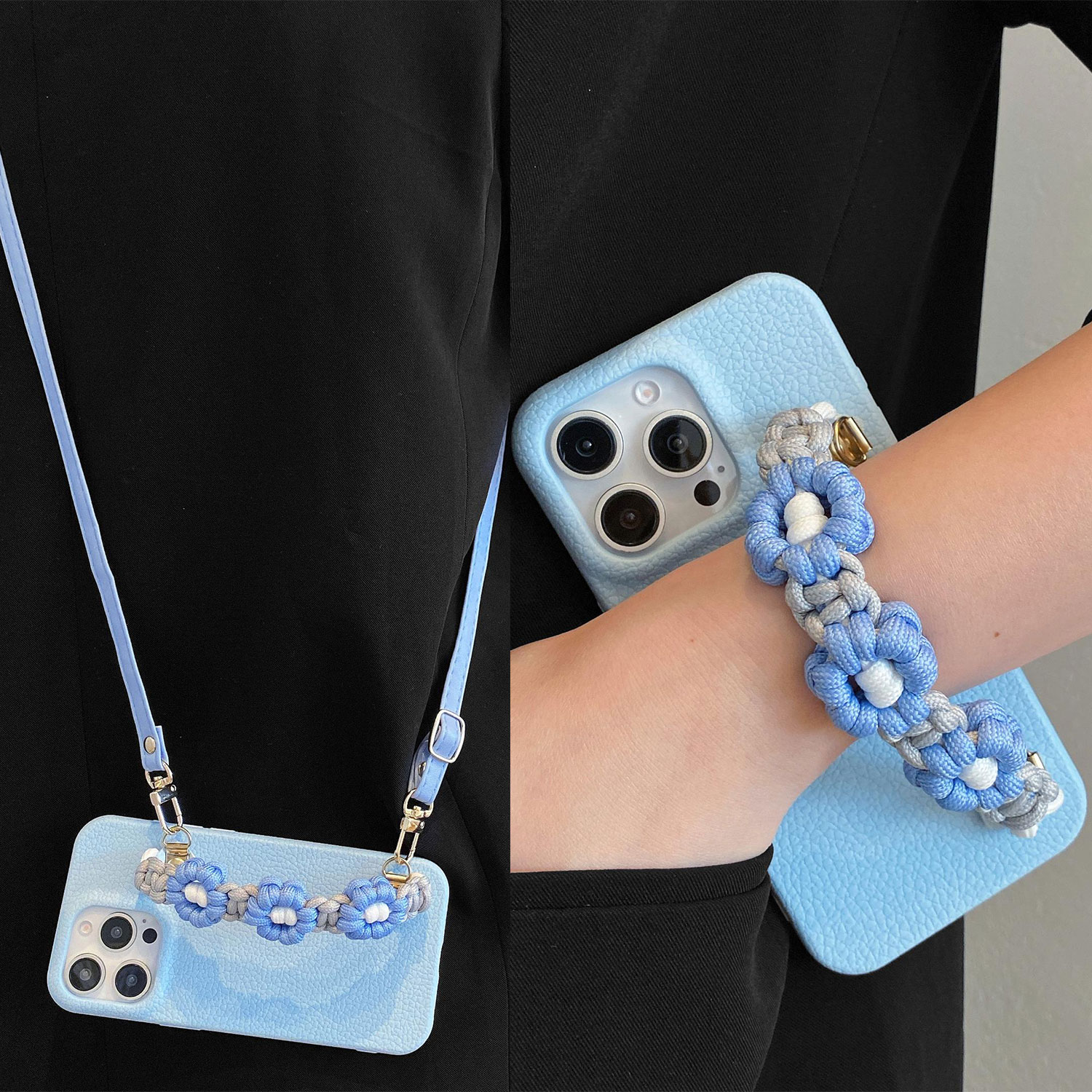 新款雾霾蓝编织花朵手腕带适用vivoX200S手机壳x100s20时髦s19气质x90x80x70斜挎s18pro可背s17s16s15女防摔