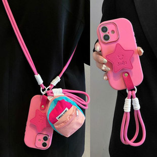 粉色皮纹星星支架手提绳适用vivoX200手机壳x100s19斜挎x90背带s18pro收纳小包x80x70x60女s17s16s15防摔时尚