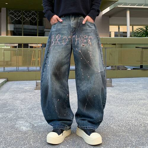 春秋美式扎染涂鸦阔腿牛仔裤男