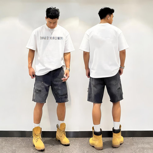 美式街头简约字母印花短袖t恤男hiphop夏季宽松圆领纯棉上衣潮牌