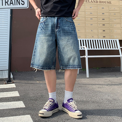 美式复古闪电纹六分牛仔裤男夏季hiphop宽松休闲阔腿蓝色直筒中裤