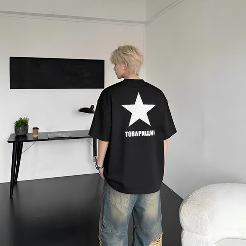 美式街头hiphop星星字母印花短袖t恤男宽松设计痞帅纯棉潮牌上衣