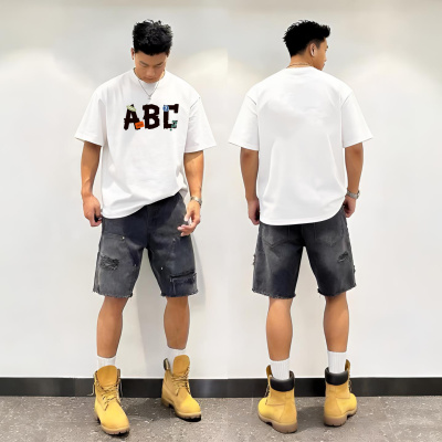 美式高街ABC印花短袖t恤男宽松夏季oversize重磅纯棉小领口上衣服