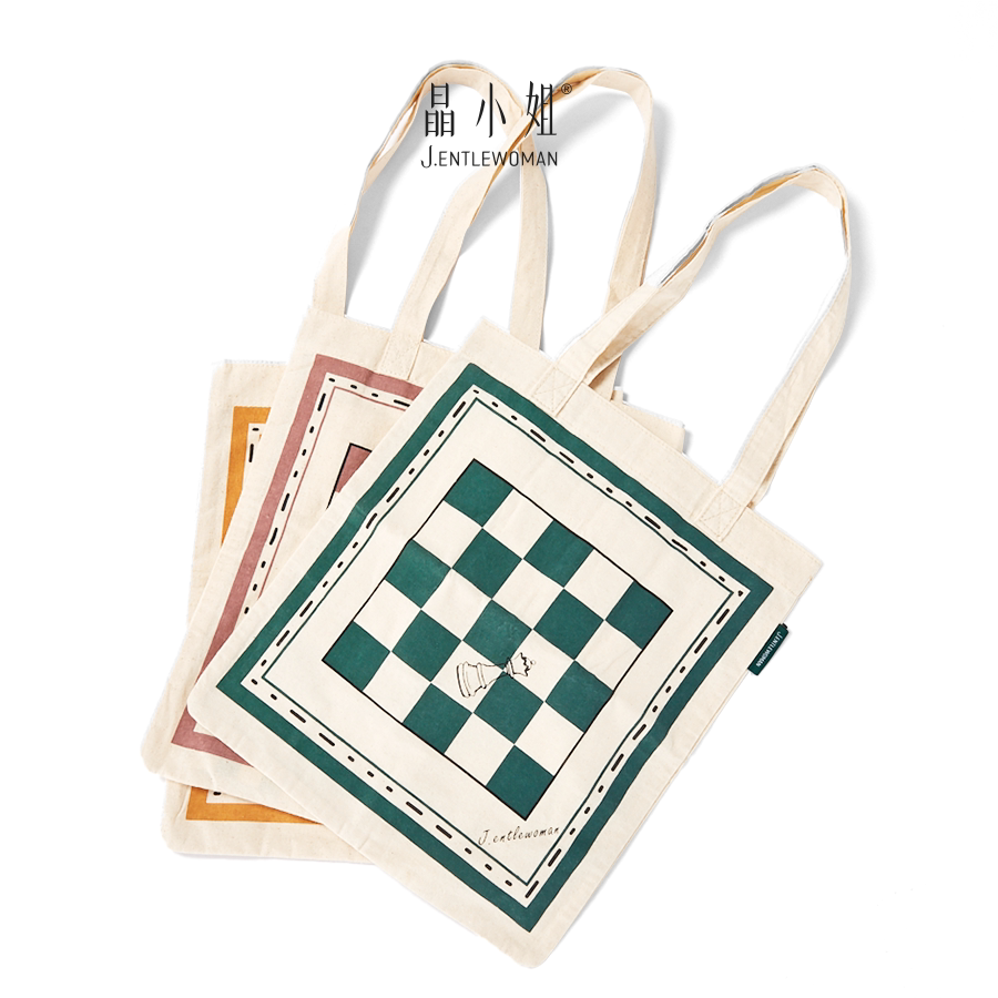 晶小姐新品棋盘格帆布包文创单肩出游文艺购物袋学生通勤包手提袋