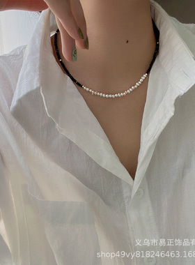 天然珍珠项链女黑晶极简百搭气质ins冷淡风锁骨链颈链