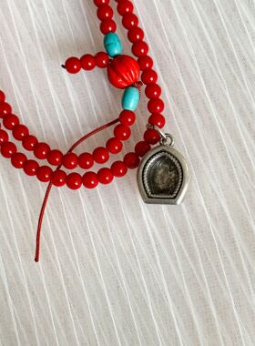 2024年新款白百何同款红色珊瑚串珠嘎乌盒吊坠项链藏族颈链配饰女